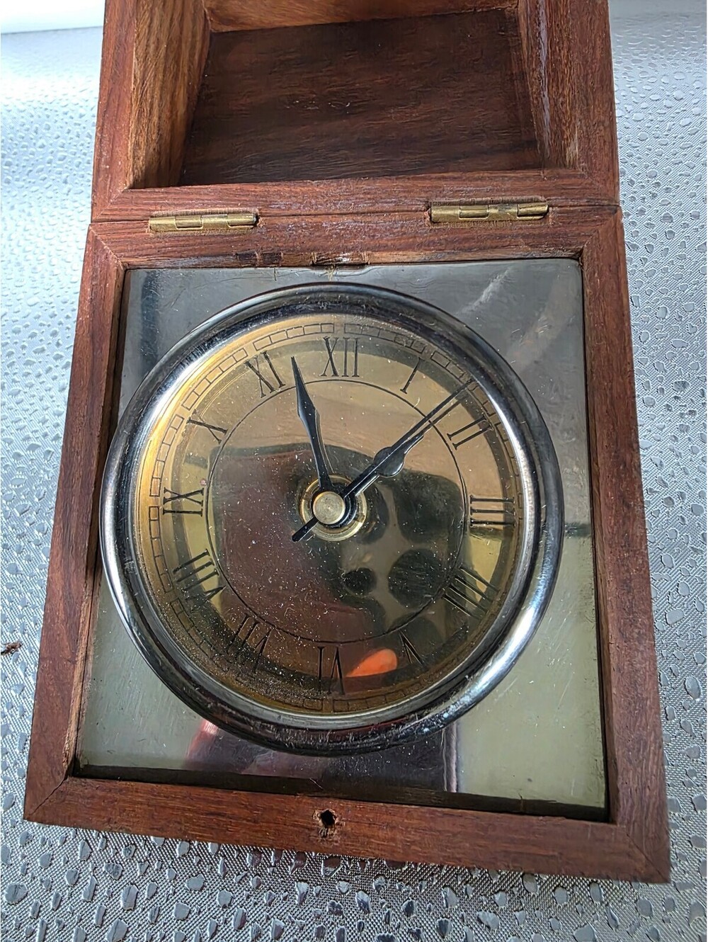 Vintage Wooden Hinged Box Desk Clock Roman Numerals Brass Inlay For Repair